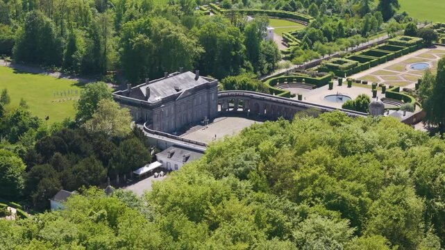 magnificent structures parks ponds ch&acirc;teau seneffe visitors grounds surrounding green areas create vibrant left to right pans aerial drone of de belgium 