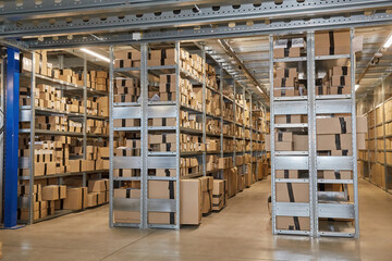 Warehouse Aisle with Organized Shelving and Boxes