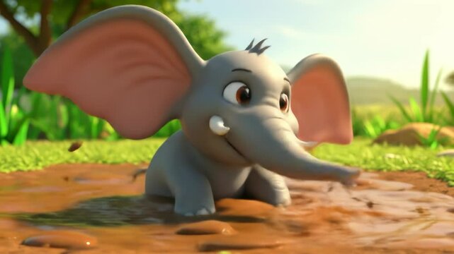 A gray, cartoon elephant splashes in muddy water. It has large pink ears, a trunk, and a slight smile. Mud splashes up around it, suggesting movement and play
