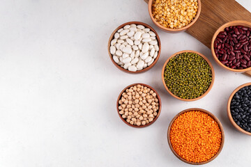 Various dried legumes, lentils, chikpeas, beans assortment