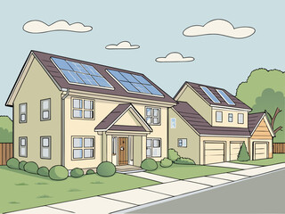 Two modern suburban houses with solar panels on the roof and a garage