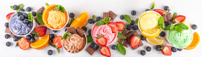 Frozen yogurt assortment. Soft creamy ice cream cups