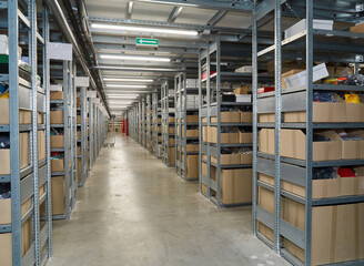 Warehouse Aisle with Organized Shelving and Boxes