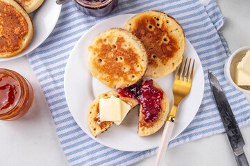 Traditional English skillet baked pastry Crumpets