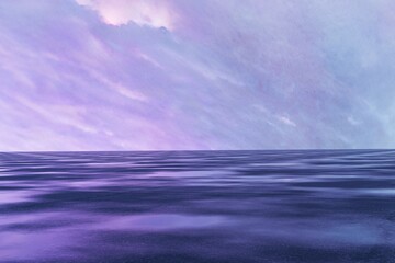 digitally-created seascape bathed in soft purple and lavender hues.  The sky displays streaks of...