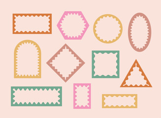 Pastel color wavy, zigzag edges geometric shapes, figures. Doodle y2k squiggle frames. Groovy cute vector frameworks, rectangle