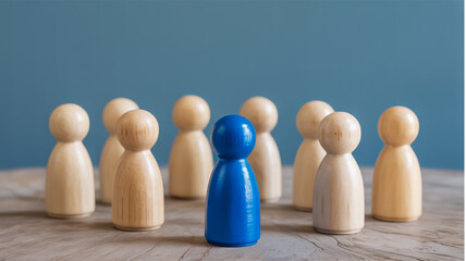 A minimalist composition featuring wooden peg people on a light wooden surface against a soft blue-gray background.