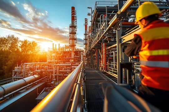 Industrial Worker at Oil Refinery During Sunset with Pipelines and Machinery in Background, Safety Gear and Hard Hat Visible