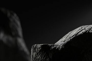 A dramatic black and white close-up captures the textured surfaces of two dark, rough rocks, one...