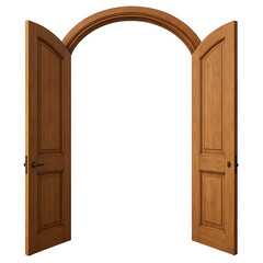 Wooden double arched door open wide isolated on transparent background