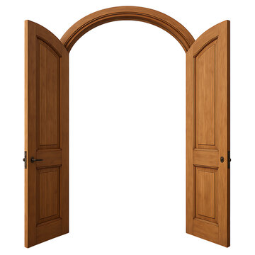 Wooden double arched door open wide isolated on transparent background
