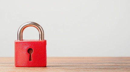 Red padlock symbolizes security and protection against risks, standing on wooden surface