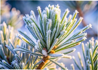 Frostcovered pine needles glisten in the winter sunlight