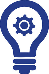 A conceptual graphic design featuring a blue light bulb containing a blue gear symbolizing innovation mechanical ideas and problem solving