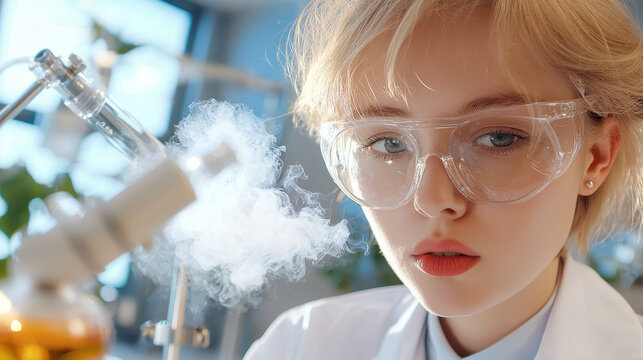Focused scientist laboratory, wearing protective eyewear, observes reaction with steam rising from flask, showcasing curiosity and concentration