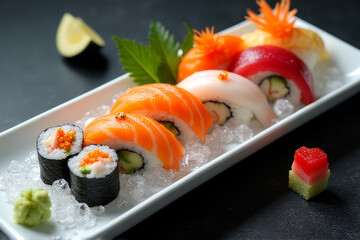 Premium Sushi and Sashimi Platter on Ice — High-Angle Gourmet Food Photography