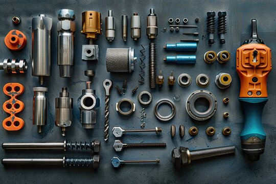 A rotary tool kit with various attachments for engraving, cutting, and polishing, placed next to small metal and plastic parts. - Powered by Adobe