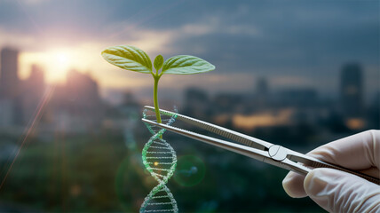 A scientific concept image showing a small green plant sprout with two leaves being manipulated by silver medical forceps against a blurred cityscape background.