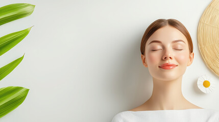Serene woman enjoying tranquility with closed eyes, surrounded by green leaves and daisy flower, radiating calmness and beauty
