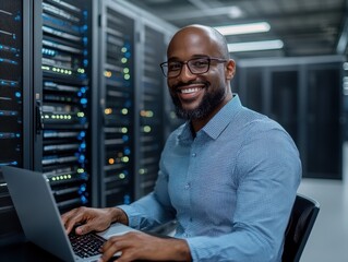 Happy African American man using laptop in server room at night