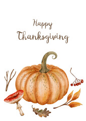 Holiday greeting card featuring a watercolor pumpkin and forest flora.
Rustic composition with natural leaves and seasonal food elements.
Ideal for autumn-themed projects and printables.
