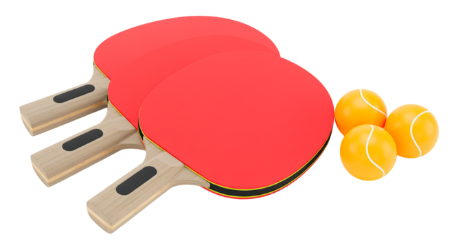 Two red ping pong paddles stacked with three orange ping pong balls on a black background