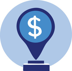 A stylized blue location pin with a prominent white dollar sign inside symbolizing financial destination or monetary point of interest