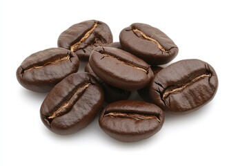 Obraz premium Roasted coffee beans are scattered atop a clean, bright white surface in this closeup