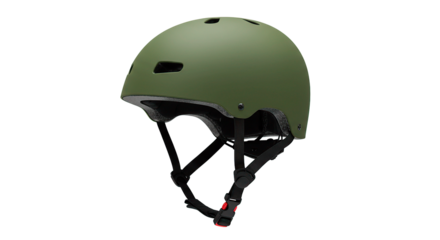 A close up of an olive green helmet with black straps on a black background in a studio shot