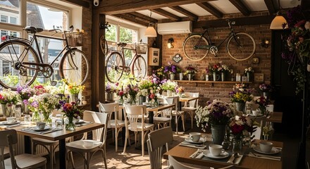 A charming cafe interior, decorated with vintage bicycles and floral arrangements, ready for guests.