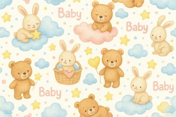 Cheerful Baby Shower Pattern with Teddy Bears, Clouds, and Baby Themes