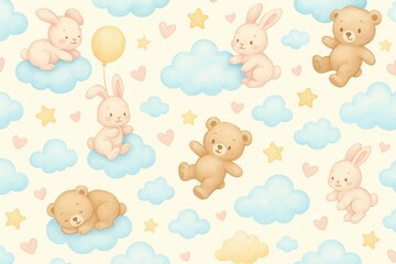 Cheerful Baby Shower Pattern with Cute Baby Bears and Clouds in Soft Pastels