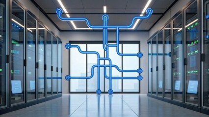 Modern data center hallway with server racks and a glowing blue network pipeline graphic overlay.