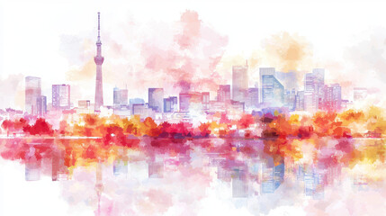 Vibrant watercolor illustration of city skyline featuring prominent tower, surrounded by colorful trees reflecting in water
