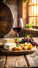 A rustic setting featuring a glass of red wine paired with assorted cheeses and fresh grapes on a wooden table.
