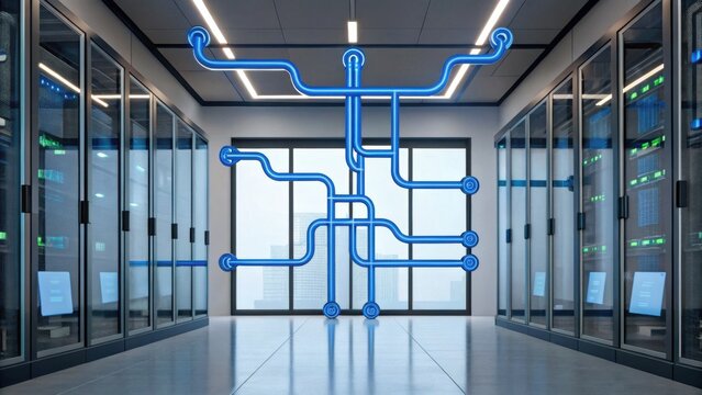 Modern data center hallway with server racks and a glowing blue network pipeline graphic overlay.