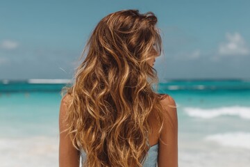 Woman with Long Curly Blonde Hair at a Tropical Beach