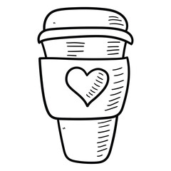 Hand drawn doodle paper cup of coffee with heart on white background.