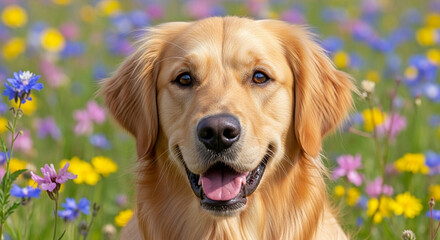 Golden Retriever Dog Sitting in Colorful Wildflower Meadow