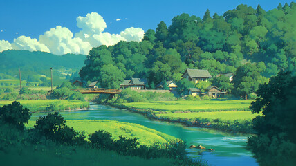 Fototapeta premium 青空と入道雲が広がる日本の夏、緑あふれる田園風景と山並みに囲まれた静かな田舎の情景｜ノスタルジックで癒しのある風景イラスト｜自然豊かな日本の夏を感じる背景素材