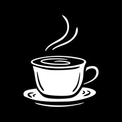 Coffee or tea pot on saucer. Hot drink with caffeine. Symbol for cafe design, coffee shop. Black and white illustration sketch