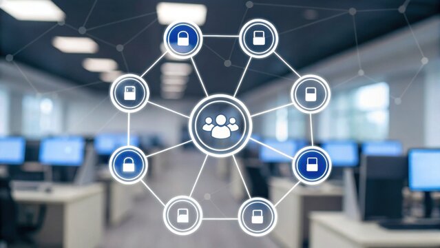 A digital network overlay in an office setting symbolizes secure data sharing and connectivity among users. - Powered by Adobe