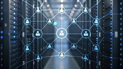 A data center with interconnected digital user icons representing a network or cloud computing environment.