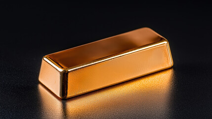 Shiny gold bar resting on dark surface, reflecting light beautifully, symbolizes wealth and luxury