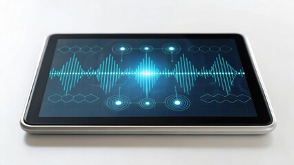 A tablet device displaying a futuristic digital soundwave interface with blue glowing waveforms and geometric elements on its screen.