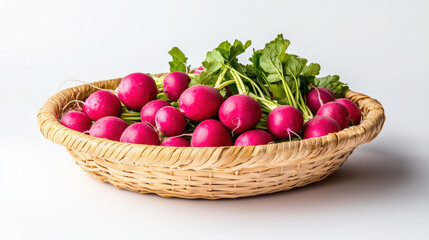 Fresh radishes in straw basket, showcasing vibrant colors and healthy greens, evoke sense of freshness and natural beauty