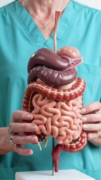 Anatomical Model of Human Digestive System Held by Person in Scrubs Featuring Esophagus Stomach Intestines Liver and Other Organs