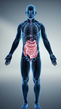 Anatomical Rendering of Human Torso Featuring Highlighted Digestive System and Blue Tinted Skin