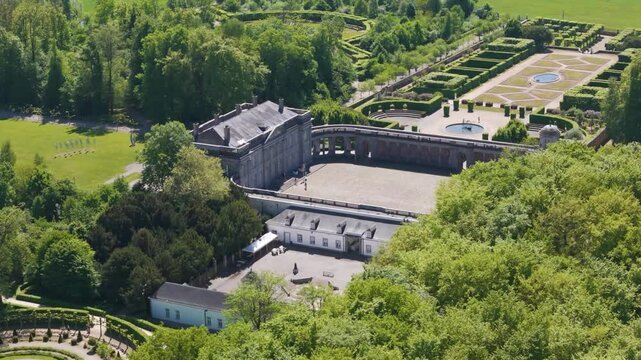 main buildings structures ch&acirc;teau seneffe along parks ponds visitors walking grounds contribute to lively right left pans aerial of de belgium 
