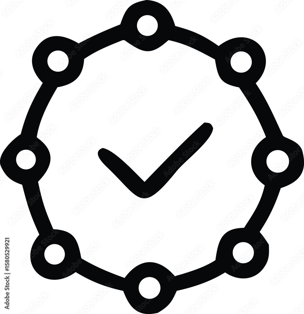 Poster abstract circular network diagram with interconnected nodes and a prominent checkmark symbol indicat